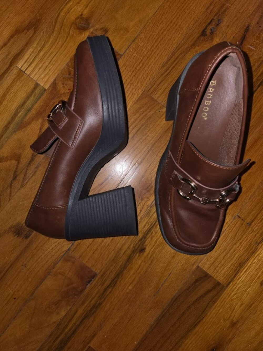 Bamboo Brown Platform Chunky Block Heel Loafers Gold Chain Bit Slip On Oxfords